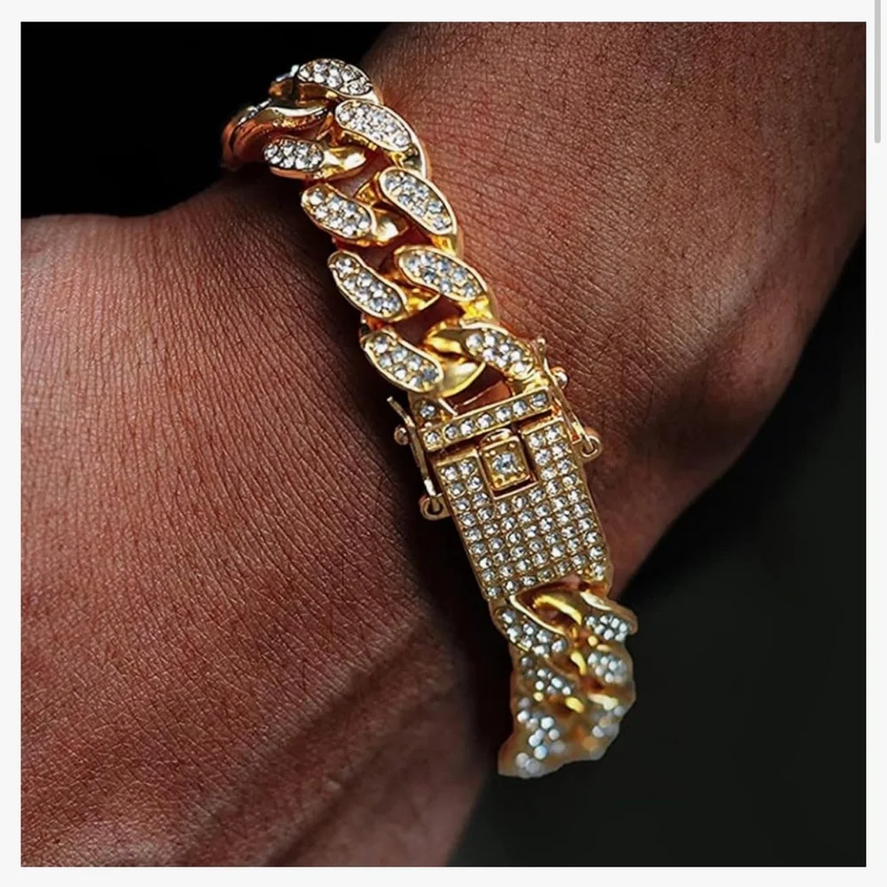 Gold and Rhinestone Cuban Link Bracelet